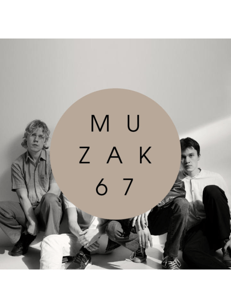 The image shows three people sitting on the floor. A large beige circle with the text "MUZAK 67" covers the center of the image. The picture is in black and white except for the beige circle.