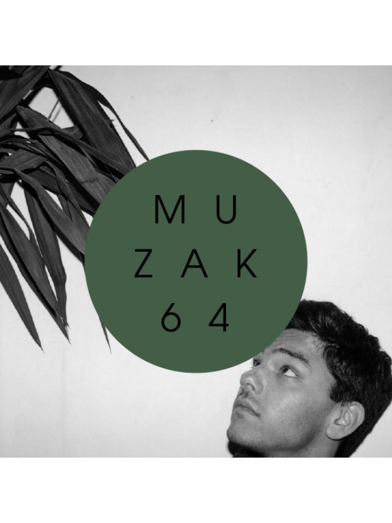 The image shows a person looking upward to the left. Over their face, there is a large circle with the text "MUZAK 64." To the left, there is a branch with long leaves. The image is black and white, and the circle with the text is green.