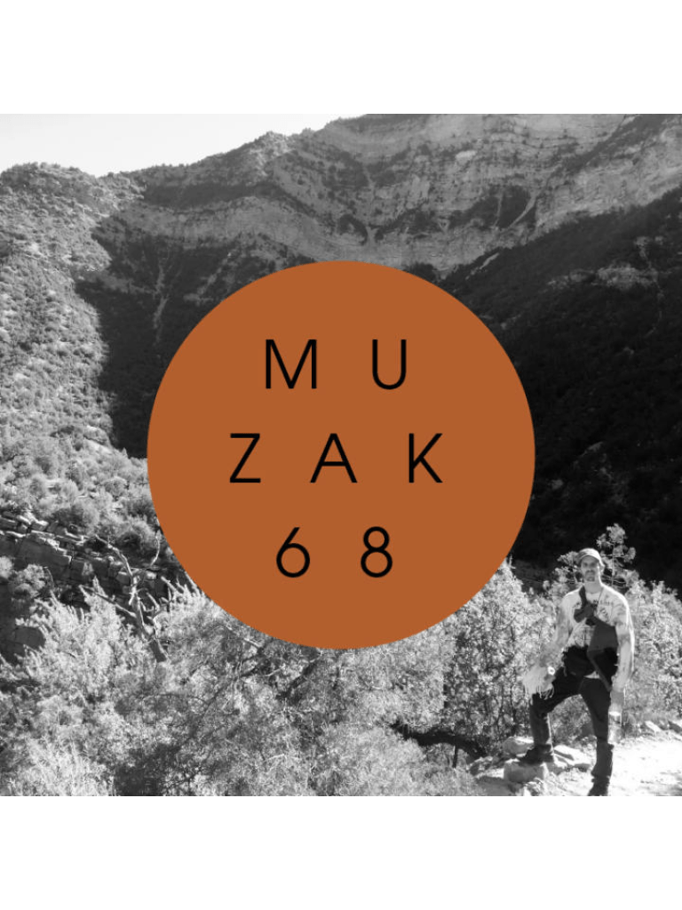 A black and white image with nature in the background and a man in the right corner. An orange circle in the center with the text 'Muzak 68'.