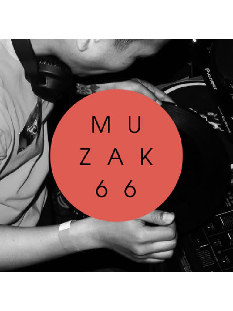 The image shows a person wearing headphones and handling a vinyl record near a turntable. A large red circle with the text "MUZAK 66" is overlaid on the center of the image. The picture is in black and white except for the red circle.