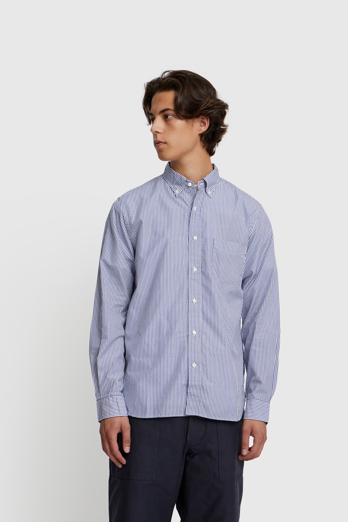 Beams Plus B.D. London Stripe 100/2 Broad Navy | WoodWood.com