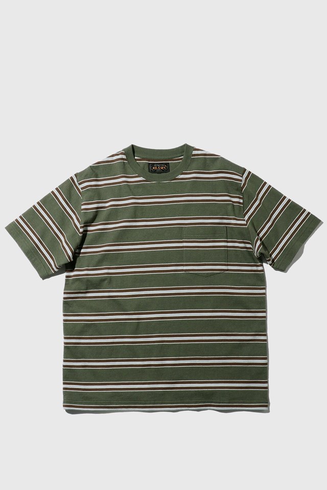 Beams Plus Pocket Tee Nep Stripe Olive(67) | WoodWood.com