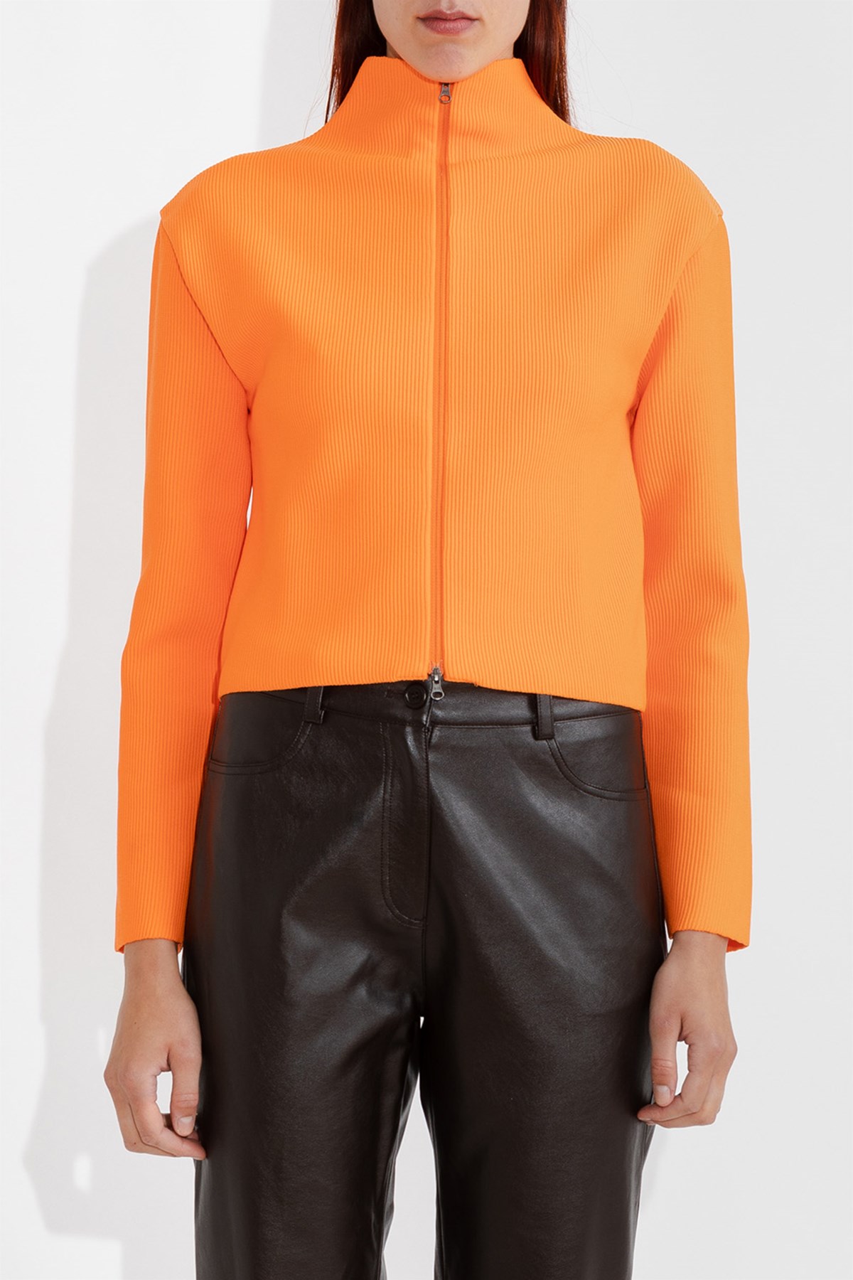 Amomento Mock Neck Zip Up Cardigan Orange 